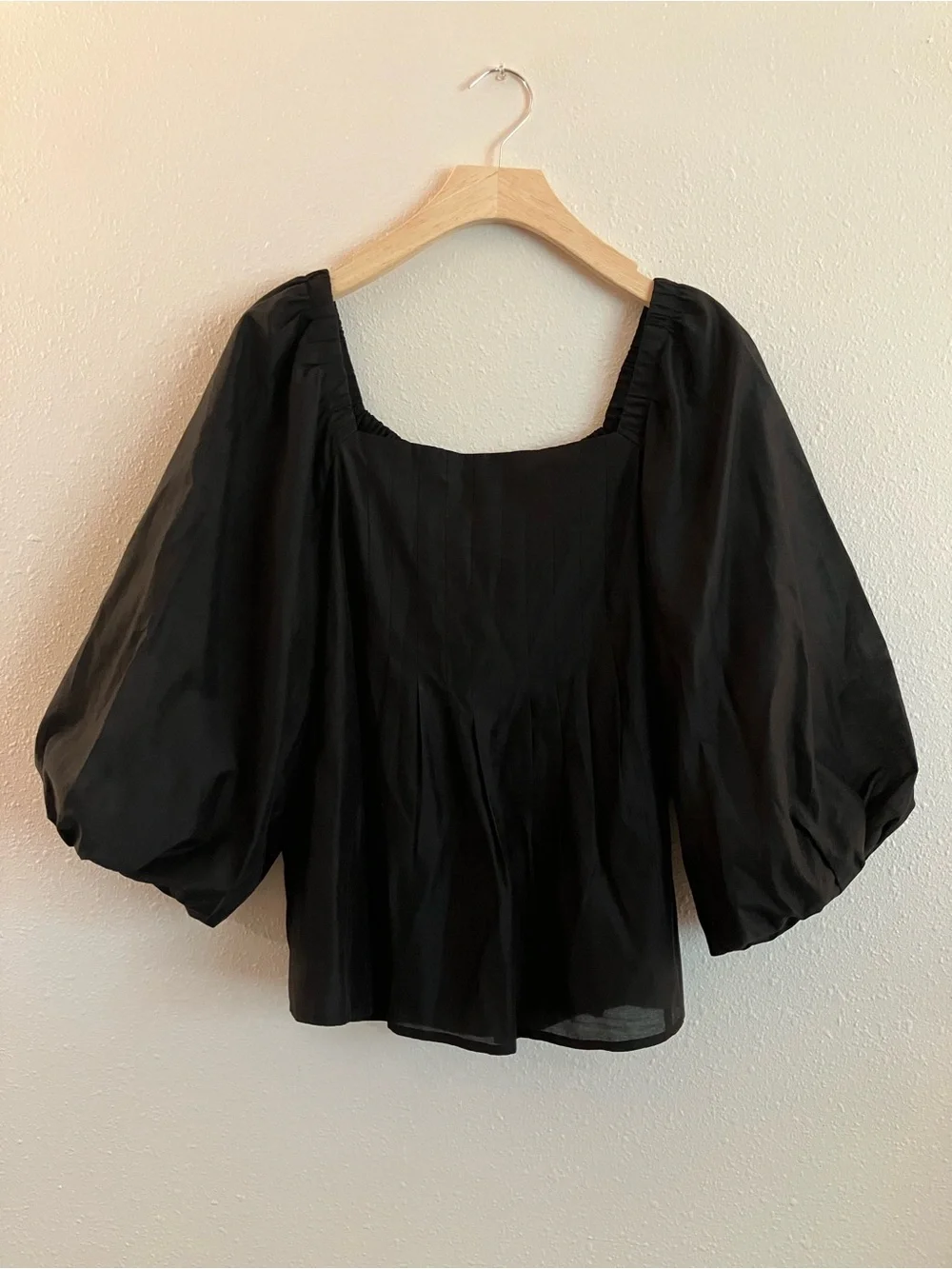 Banana Republic Black Square-Neck Puff Balloon Sleeve Blouse Peplum Pleated